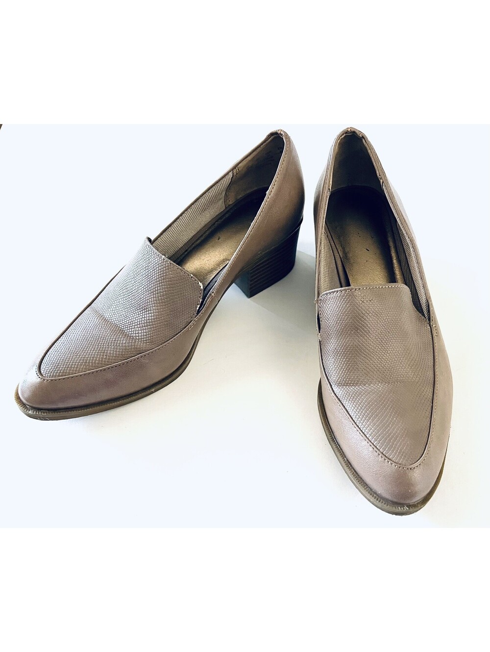 LifeStride Womens 6W Taupe Loafer Pumps Flex Comfort Block Heel Slip On